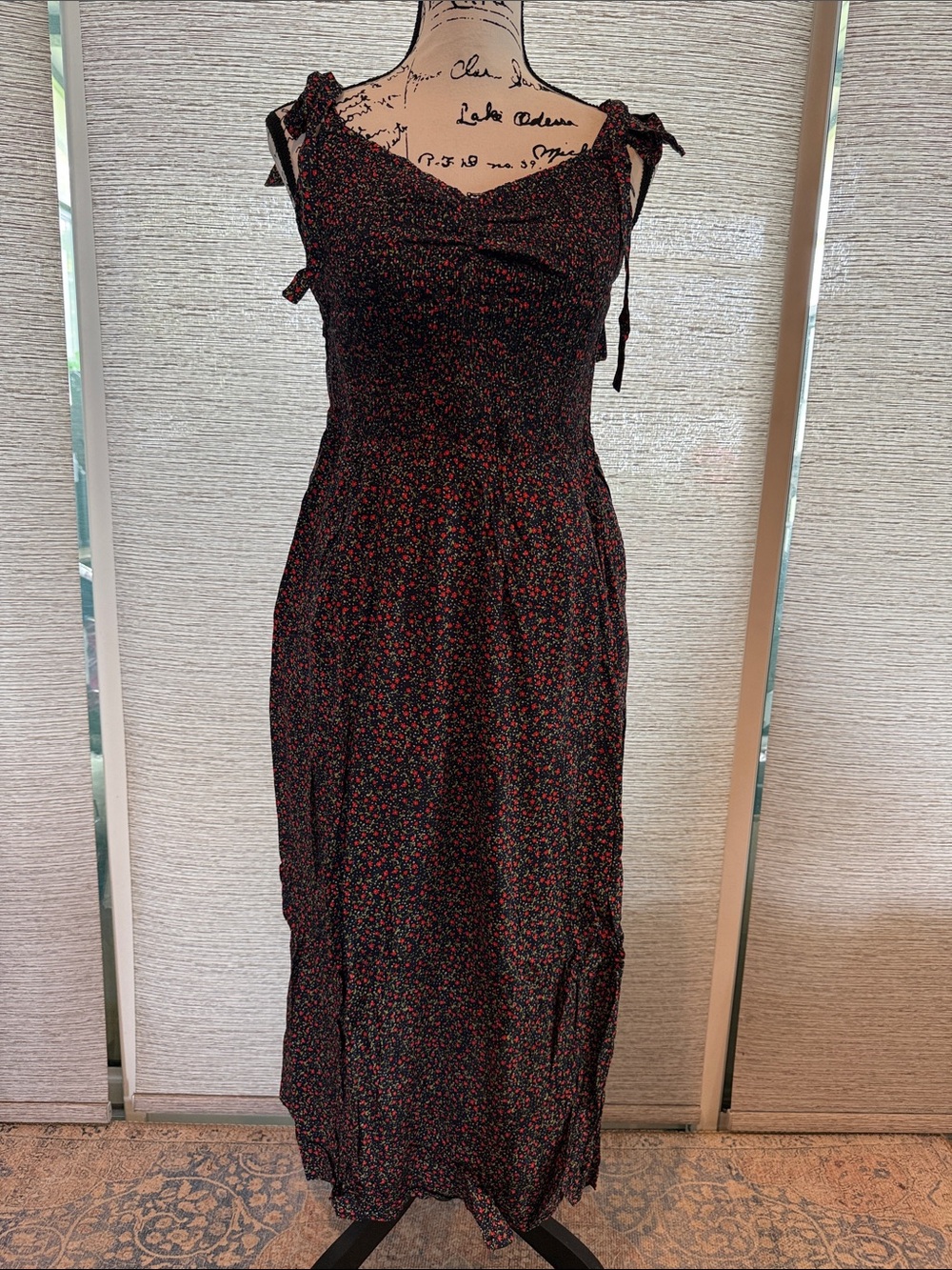 Black Maxi Dress with Red Floral Print and Adjustable Tie Straps